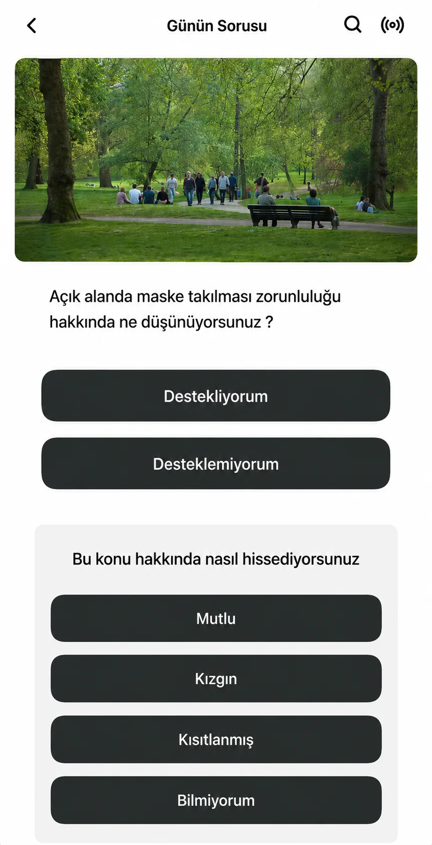 Consensus mobile app showing a daily poll and sentiment response options